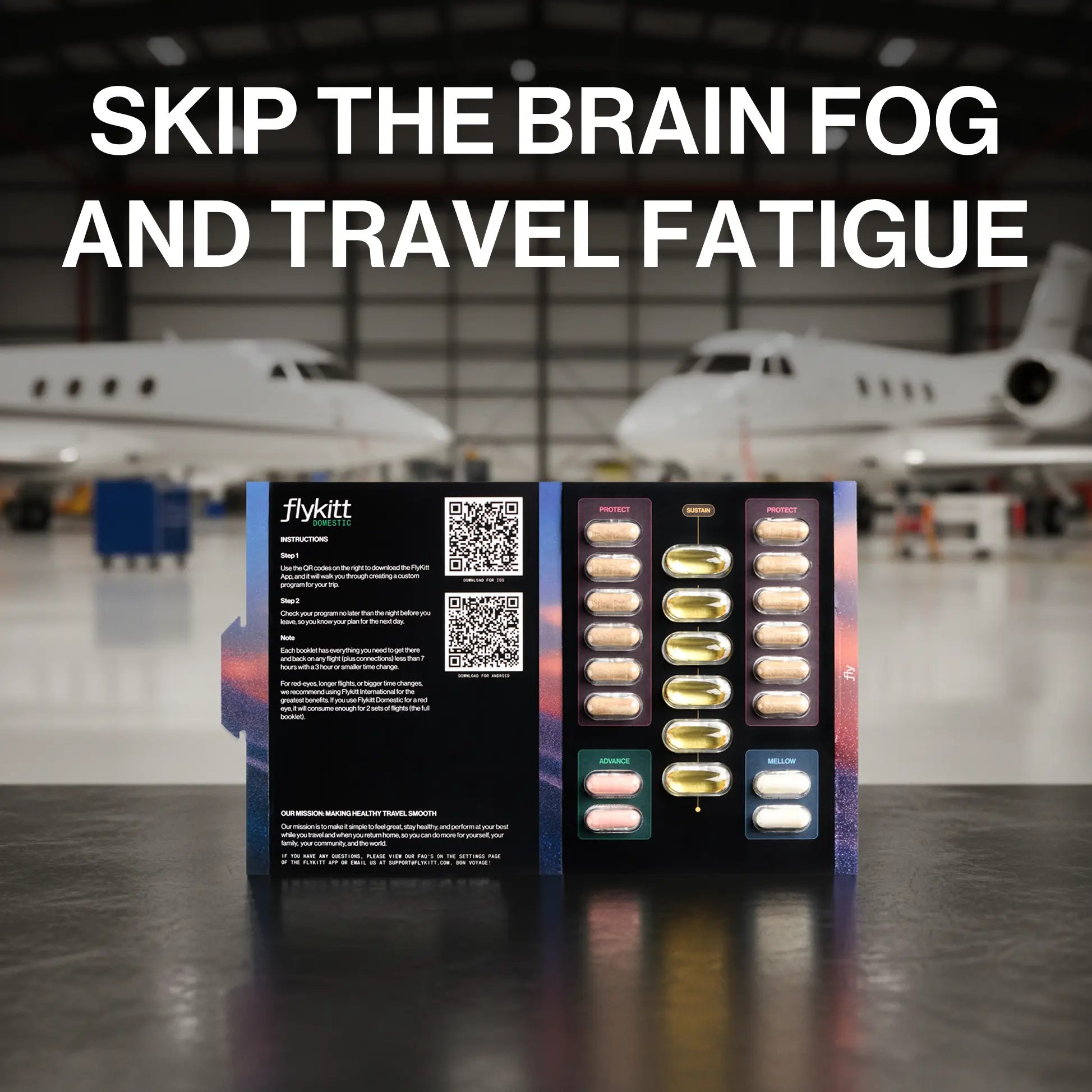 Flykitt Domestic travel kit with "FEEL GREAT EVERY TIME YOU FLY" purple branding and black supplement bottle