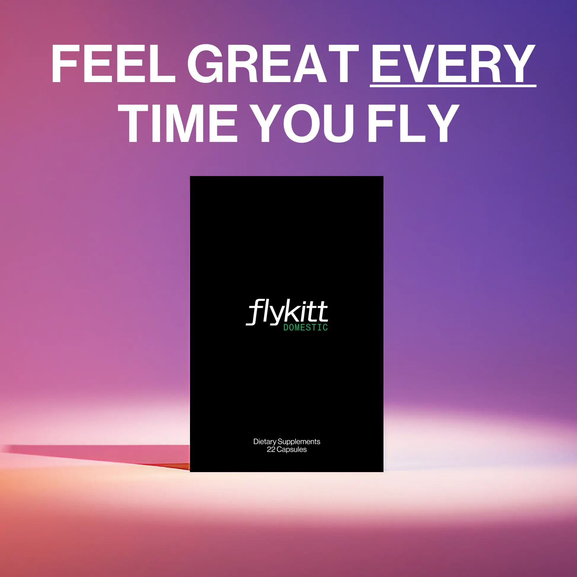 Flykitt Domestic travel kit with "FEEL GREAT EVERY TIME YOU FLY" purple branding and black supplement bottle
