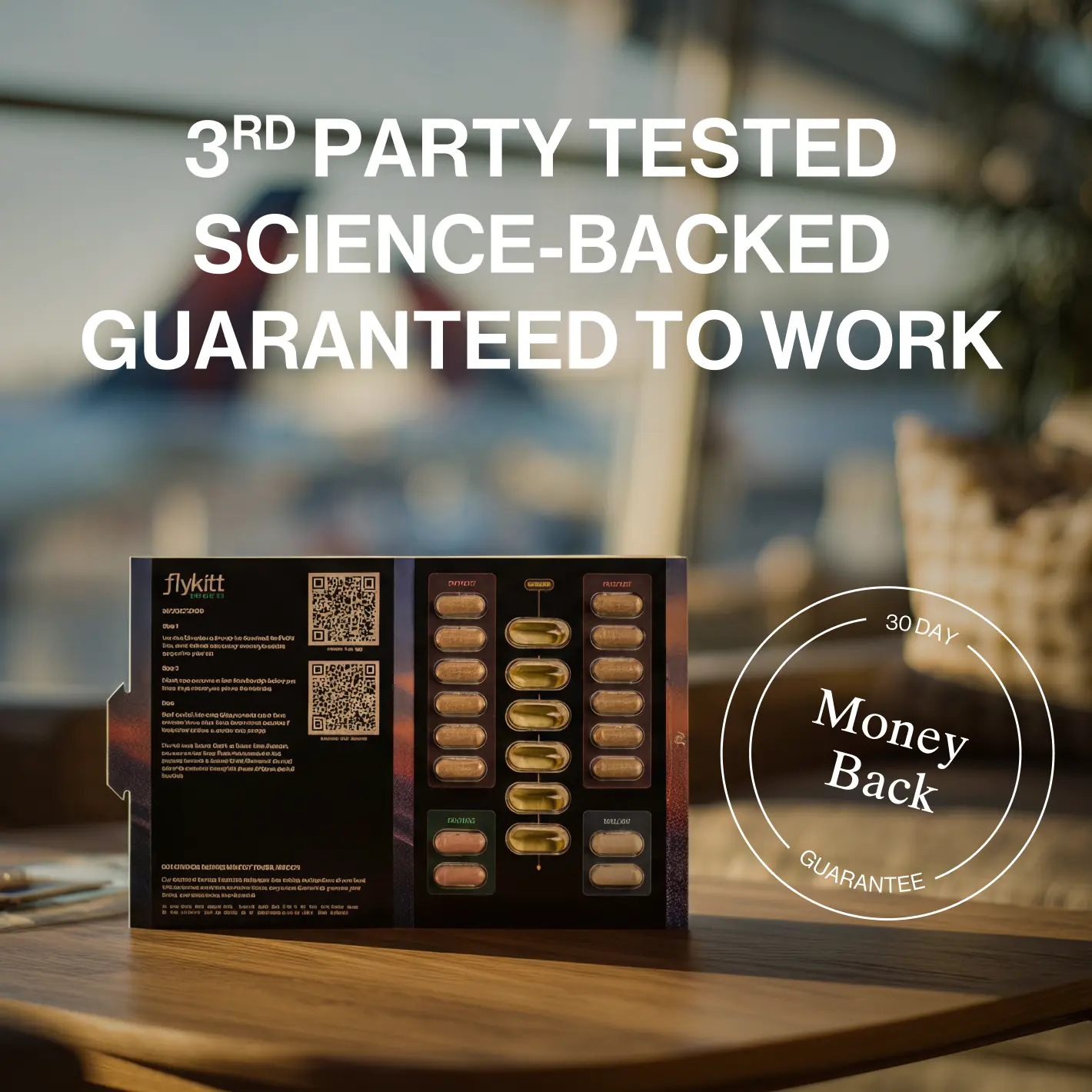 Flykitt Domestic supplement bottle with "3RD PARTY TESTED SCIENCE BACKED GUARANTEED TO WORK" badge and orange Unwind glasses