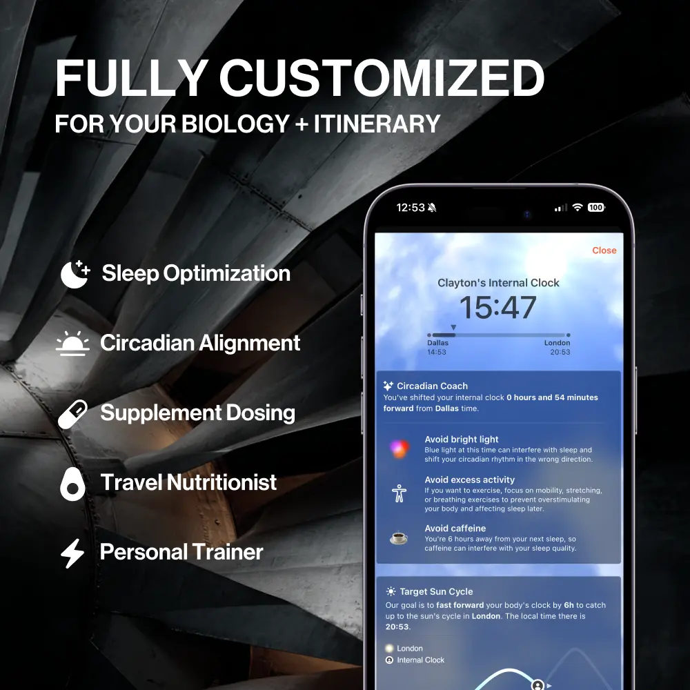 Flykitt app interface showing "FULLY CUSTOMIZED FOR YOUR UNIQUE FLIGHT" with personalized recommendations and supplement bottle