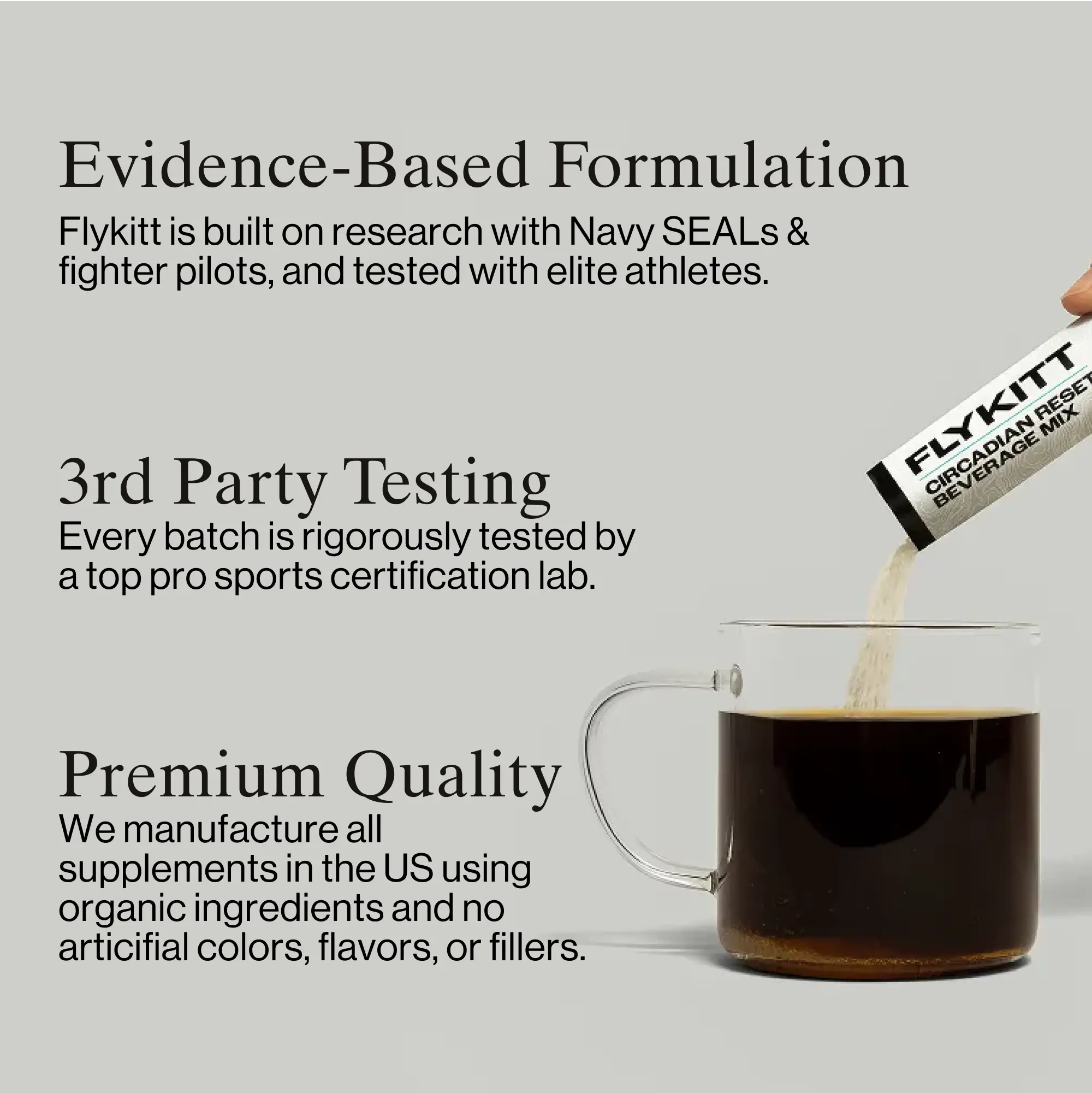 Flykitt supplement bottle with evidence-based formulation details and "3rd Party Testing" quality assurance badge