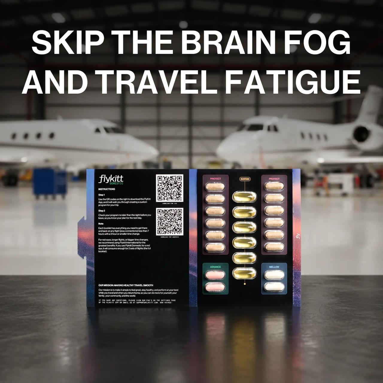 Flykitt Domestic travel kit with "FEEL GREAT EVERY TIME YOU FLY" purple branding and black supplement bottle