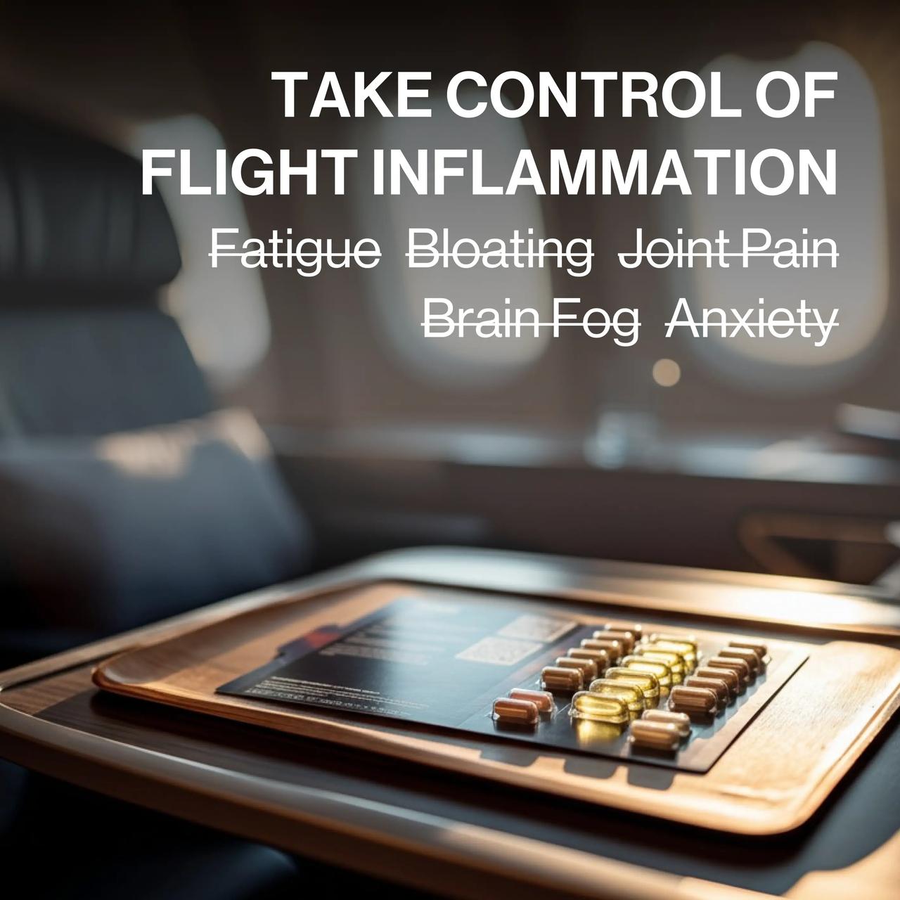 Flykitt Domestic kit showing "TAKE CONTROL OF FLIGHT INFLAMMATION" message with supplement bottle and travel materials on airplane tray table
