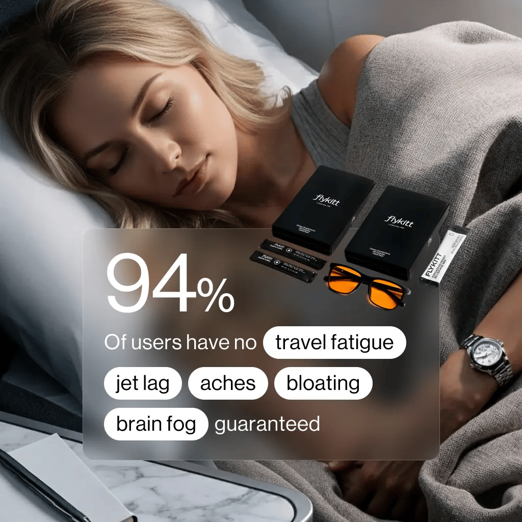 Flykitt International supplement bottle with "93% 94% 99%" effectiveness statistics and orange Unwind glasses on airplane tray