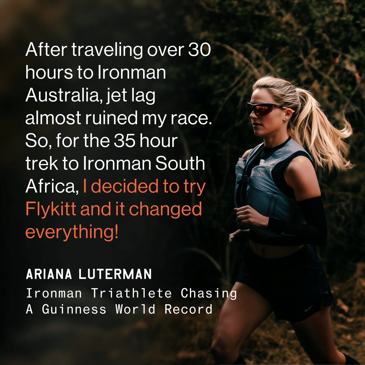 Flykitt supplement information card showing ingredient benefits with text "After traveling over 30 flights in human trials" and green supplement imagery